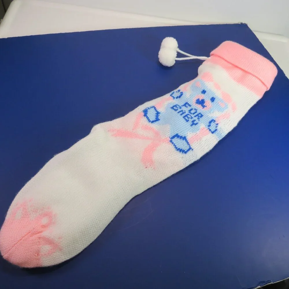 Baby vintage pink blue knit baby stocking 20 inches long Christmas Holiday Decor